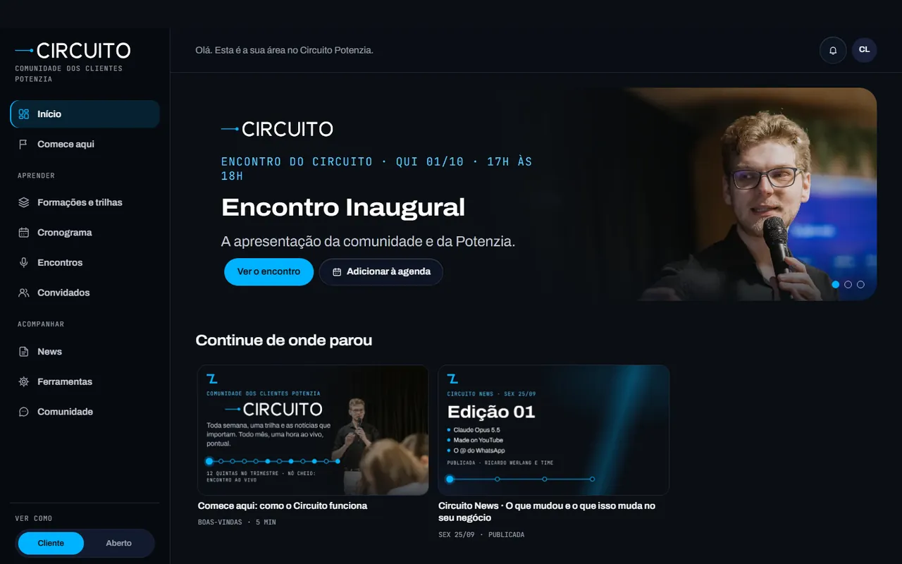 Página inicial do Circuito, a área de membros da comunidade de clientes da Potenzia.