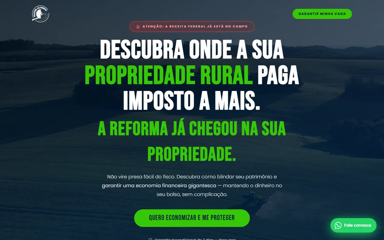 Página de vendas do curso de Reforma Tributária da Master Academy.