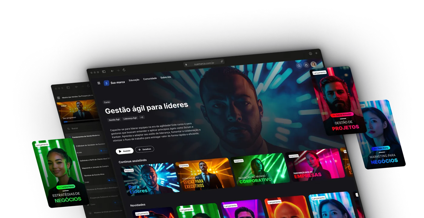 Ilustração da plataforma com a sua marca: a página de um curso, a fileira para continuar assistindo e capas de lançamentos, no computador e no celular.